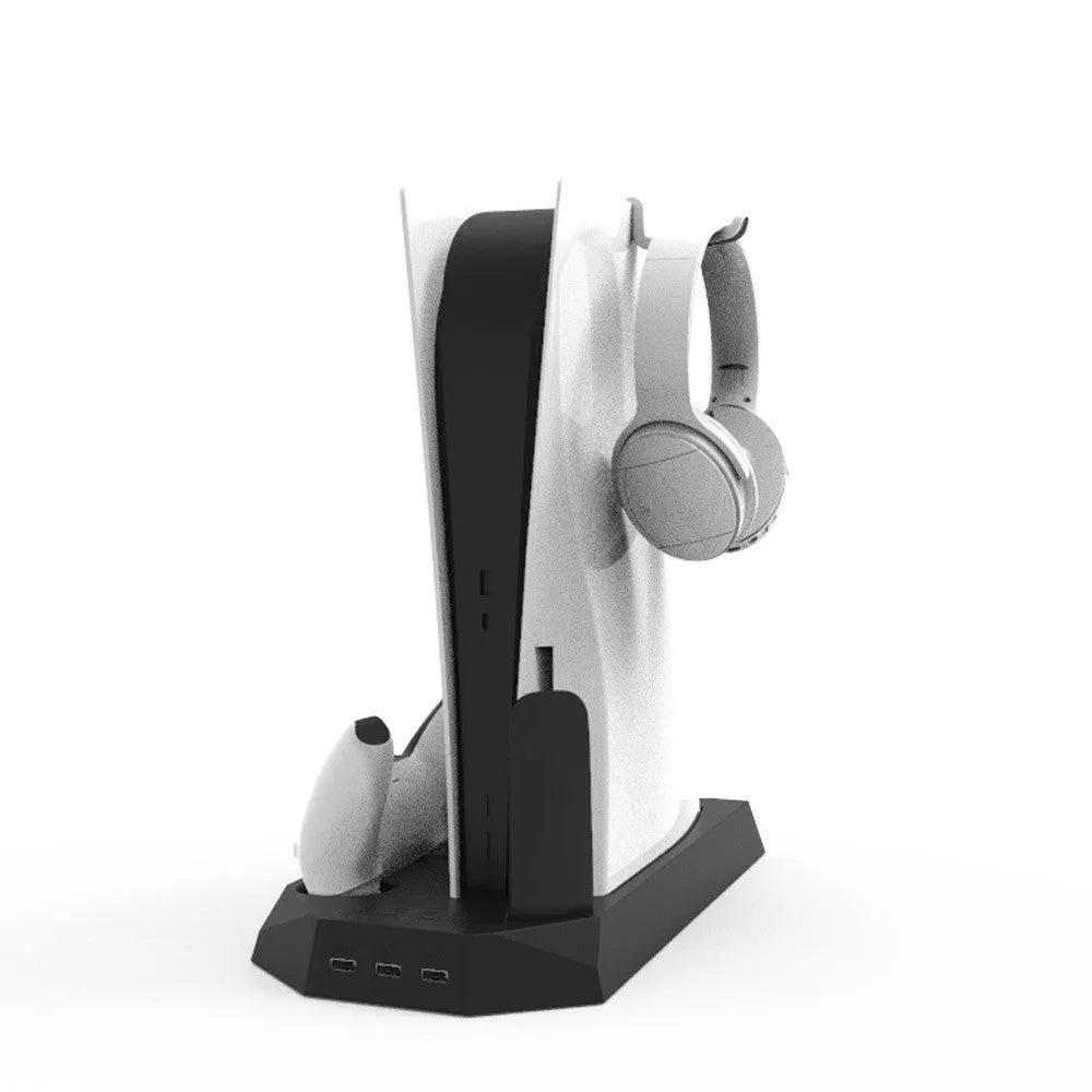 White PS5 charging base dock with two controllers charging and headset storage hook