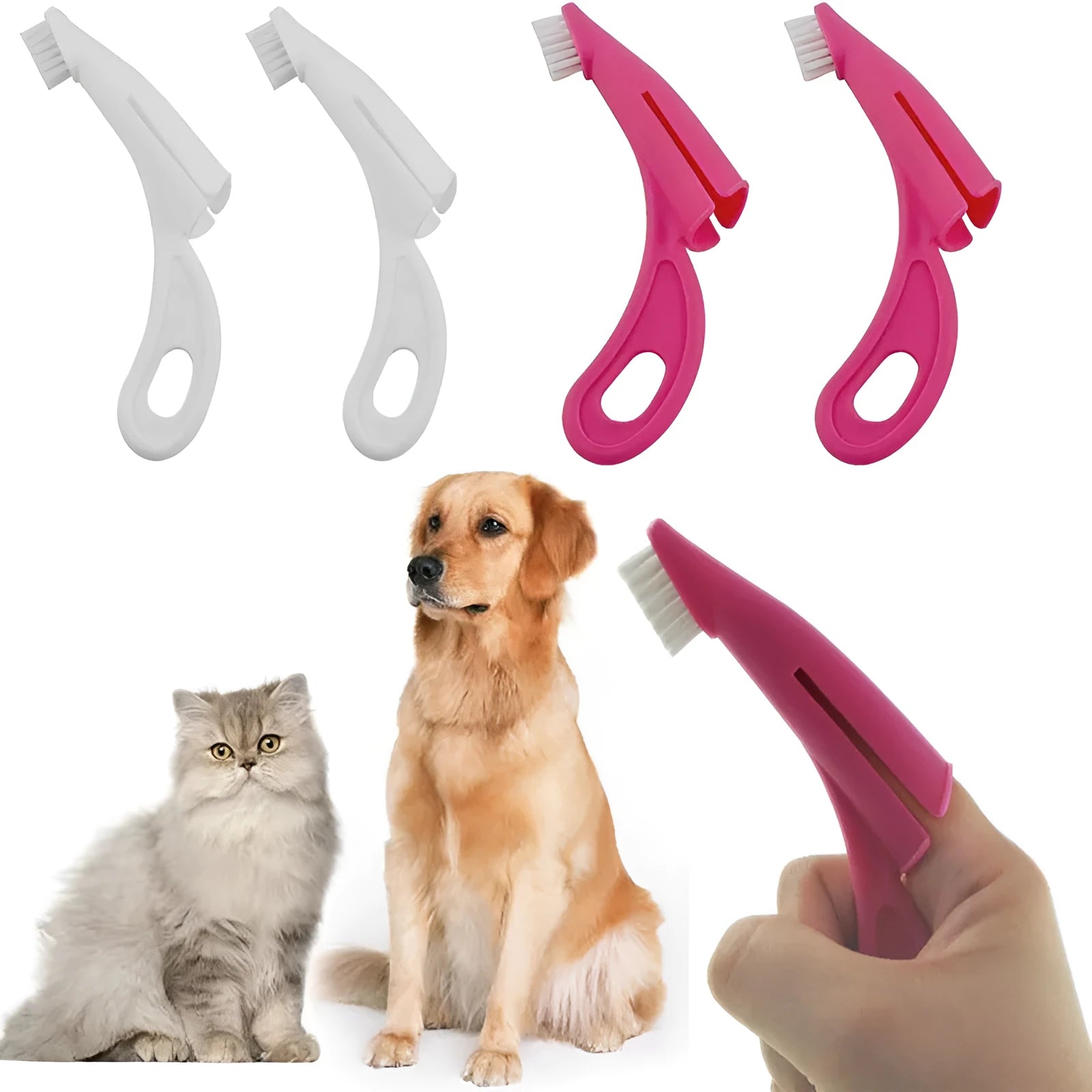 Red and white finger sleeve pet toothbrush with silicone bristles for cleaning dog and cat teeth.