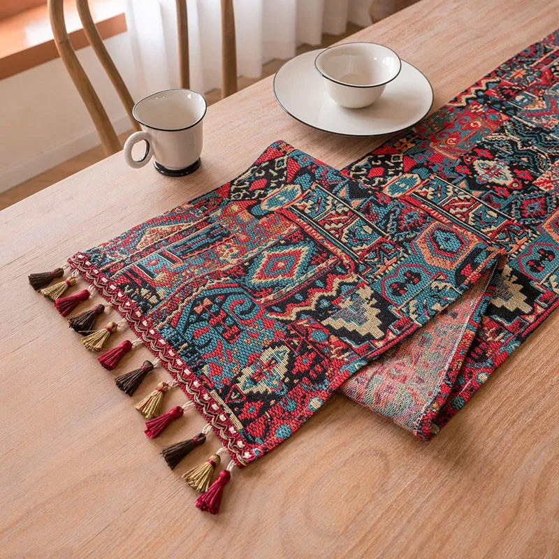 Nordic Jacquard striped bouquet pattern table runner with decorative tassels in dark blue