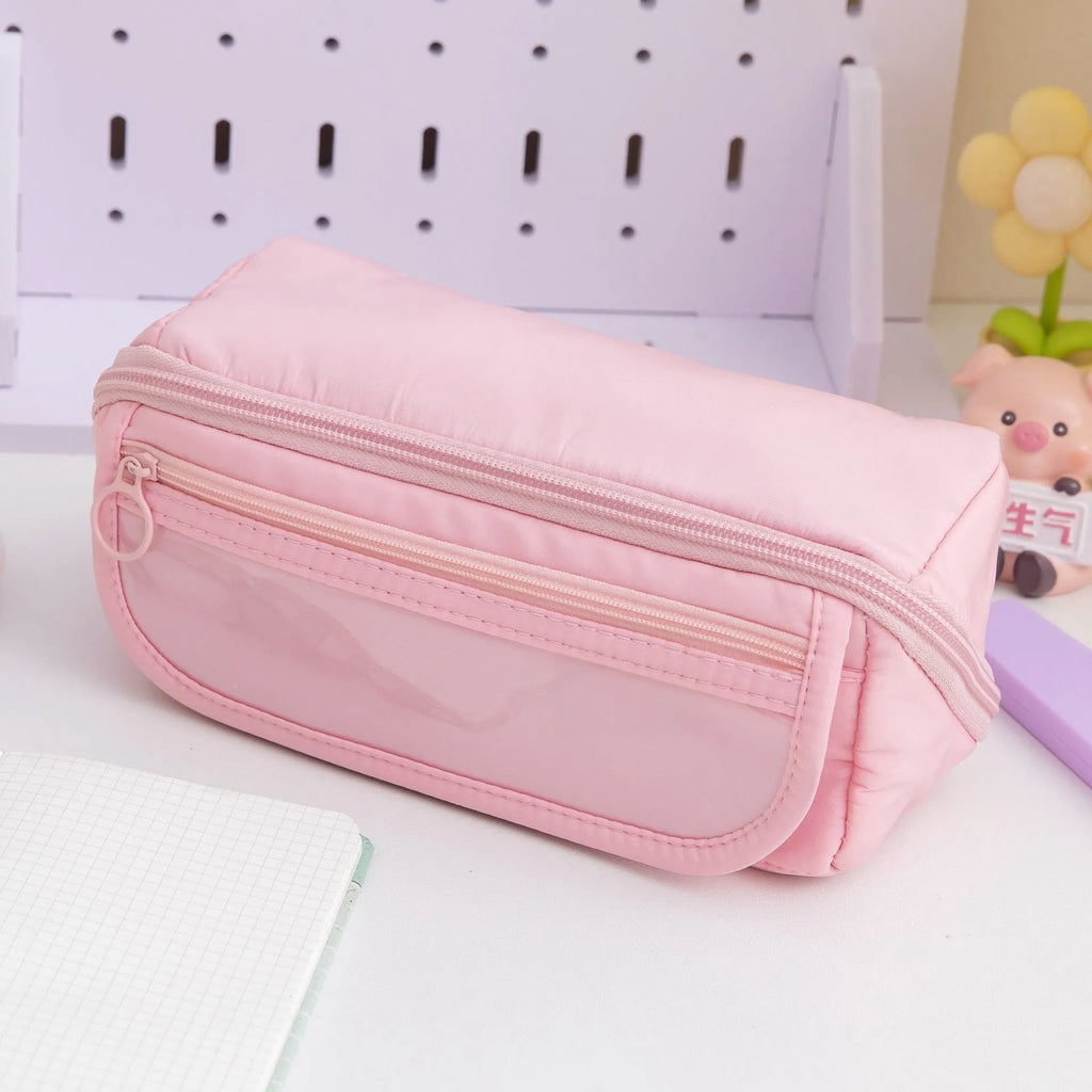 Korean-style canvas pencil case with 10-layer flip design open to show multiple compartments