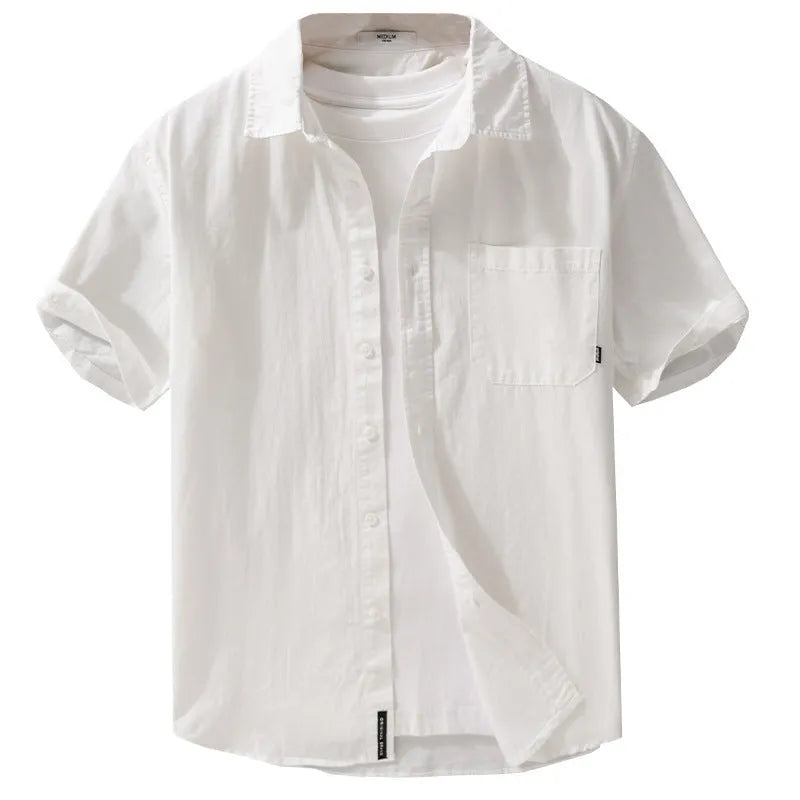 Men's loose-fit pure cotton short sleeve shirt in light blue, showing casual cardigan style.