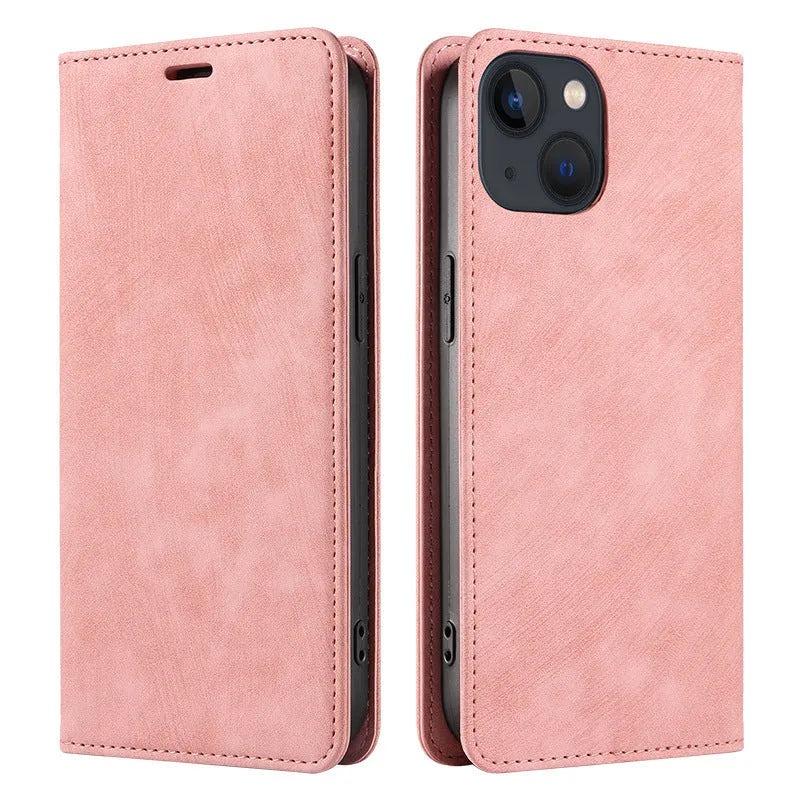 Magnetic flip phone case for iPhone in a solid colour, showing TPU frame and leather cover.