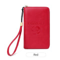 Brown waterproof PU travel document organiser wallet with card slots, showing letter design and compact size.