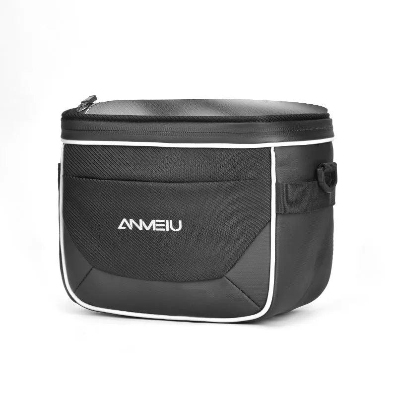 Black 7-inch bicycle handlebar storage bag mounted on bike handlebars