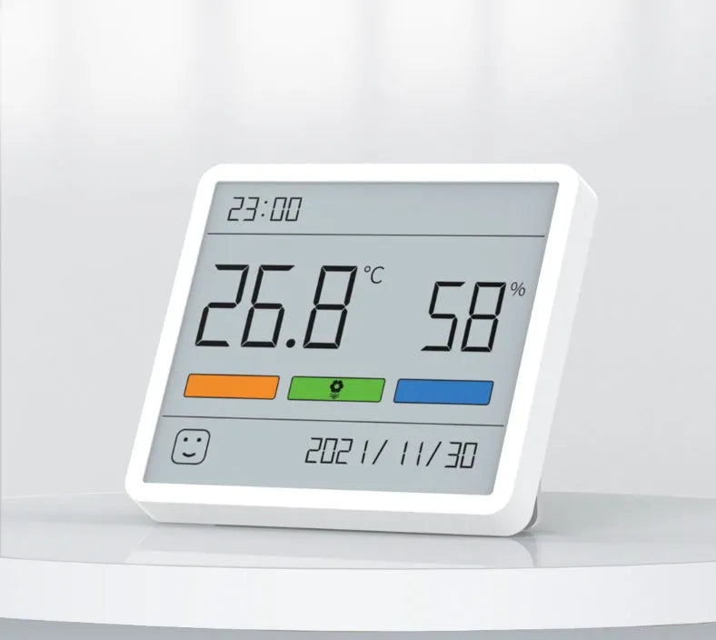 Mini digital clock hygrograph with ABS body, PMMA screen, temperature and humidity display, stand and adhesive mount options