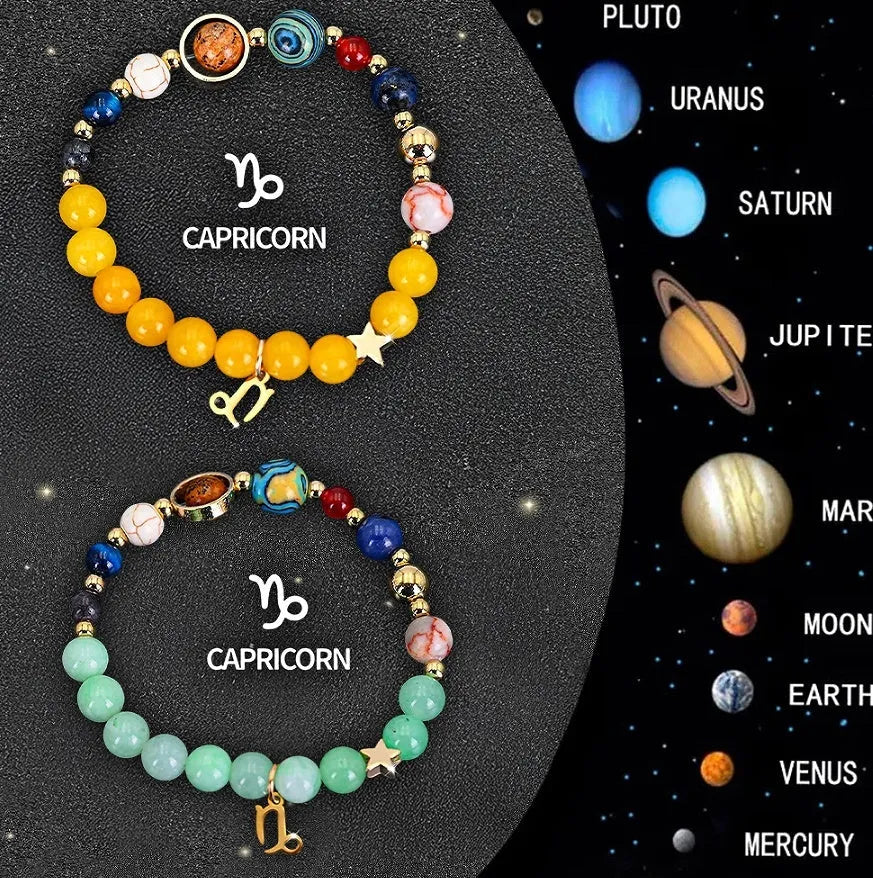 Set of twelve natural stone beaded bracelets arranged in a circle, each featuring a different zodiac sign style.