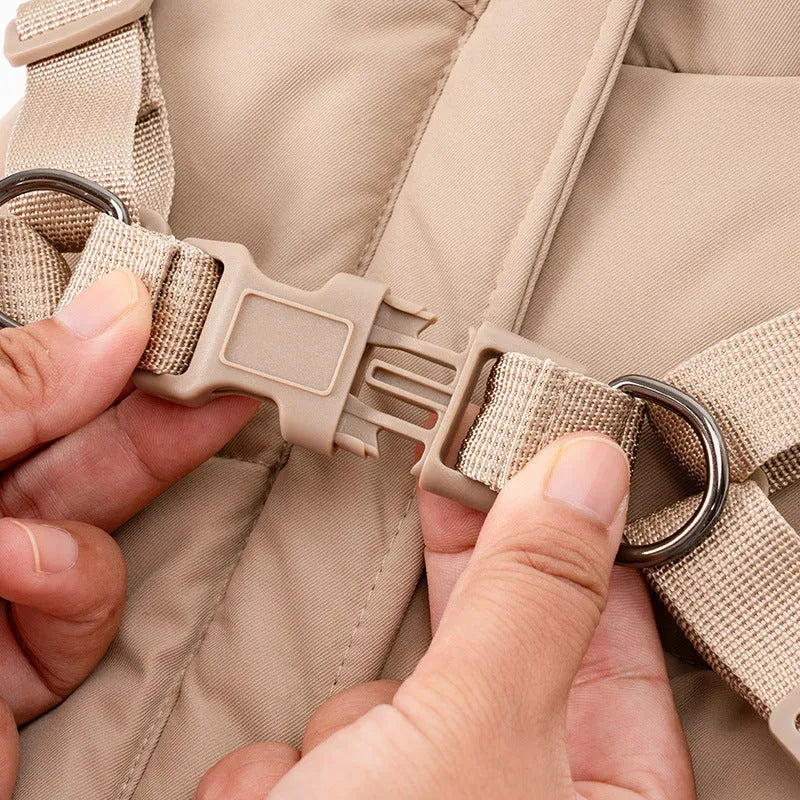 Khaki beige polyester winter dog coat on a pet, size L, windproof outer layer