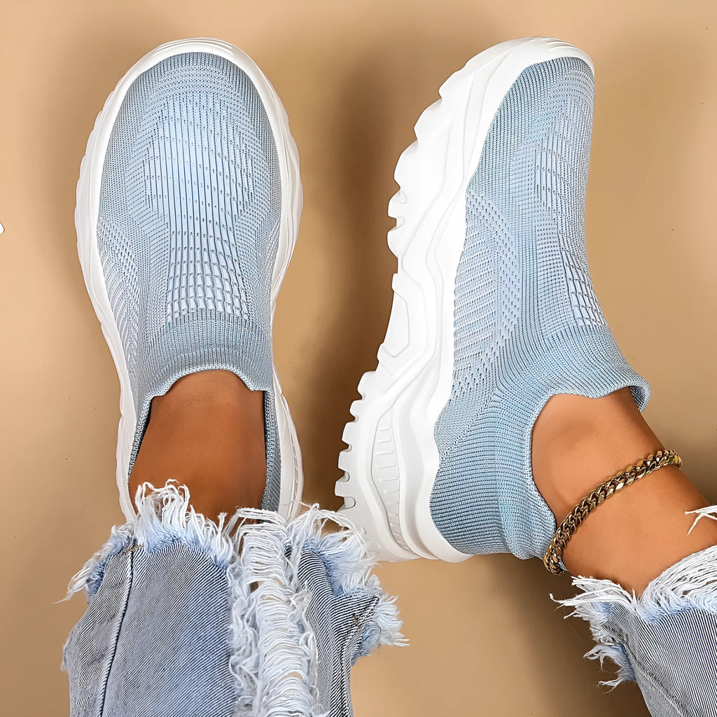 Light blue women's mesh slip-on casual shoes with rounded toe and mid heel