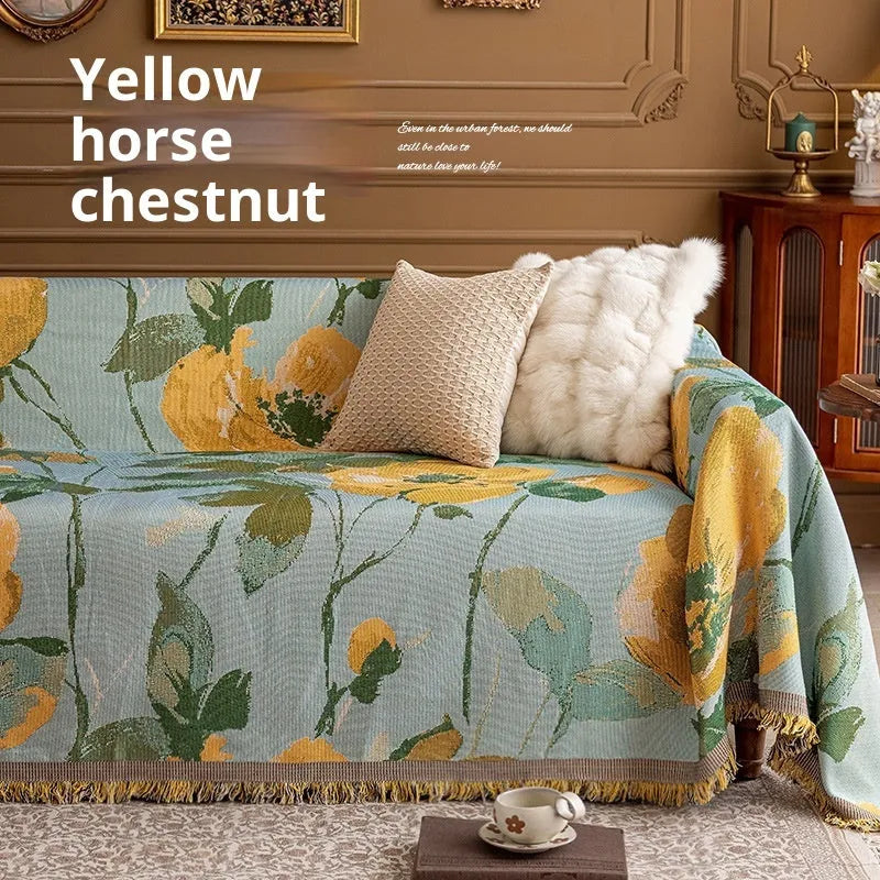 Oil painting cotton braided sofa slipcover with geometric pattern on a beige sofa, vintage colours, full coverage design