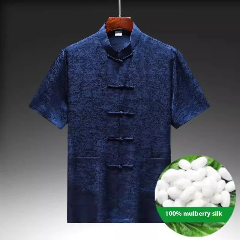 Traditional Chinese-style mulberry silk Tang suit for men in light green.