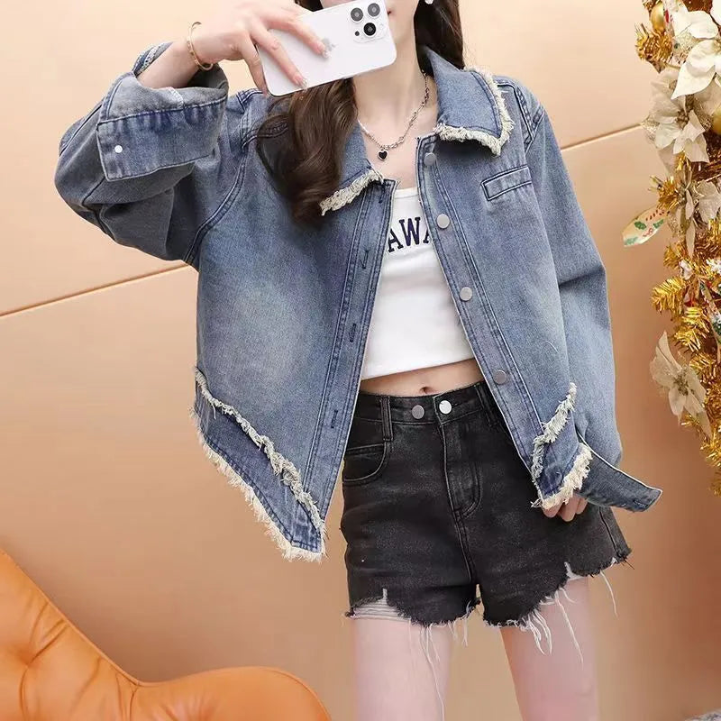Short blue chenille denim jacket for women with long sleeves, designed for petite frames, shown in front view on white background