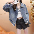 Short blue chenille denim jacket for women with long sleeves, designed for petite frames, shown in front view on white background