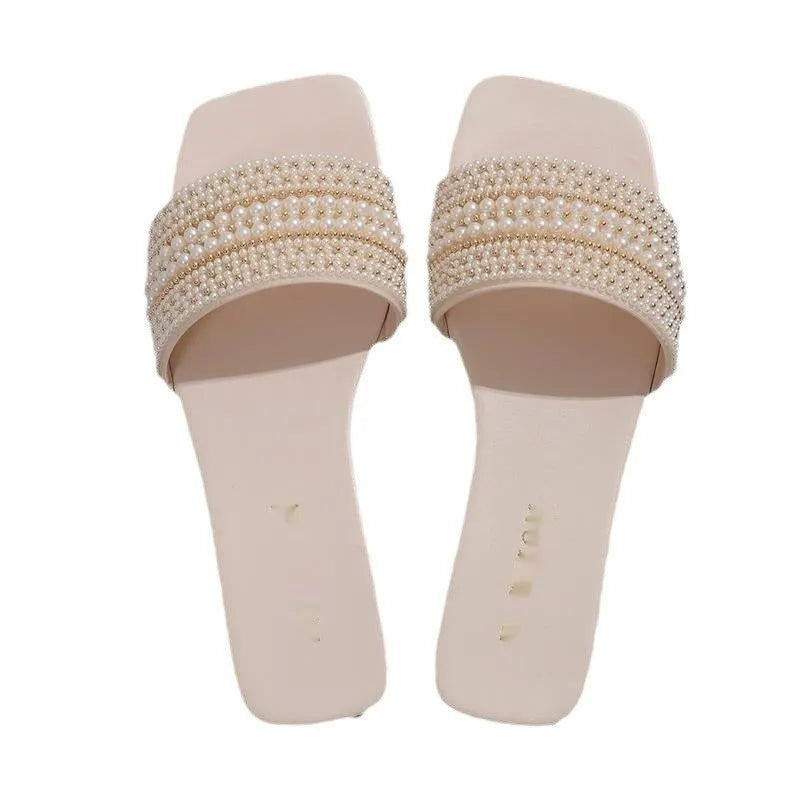 Women's classic flat slippers with rhinestones, PU upper, rubber sole, in black and milky white