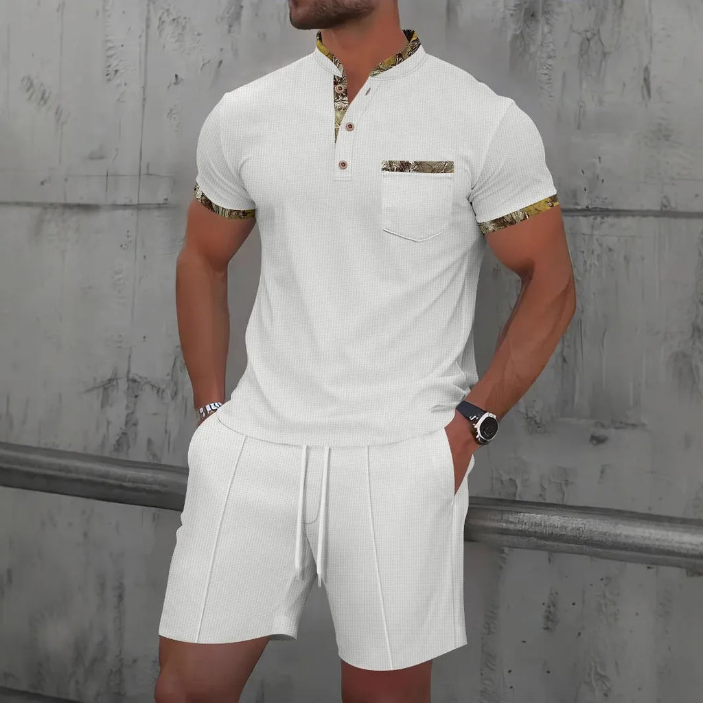 Men's grey zip-front polo short sleeve top and matching shorts, a cotton blend summer suit set.
