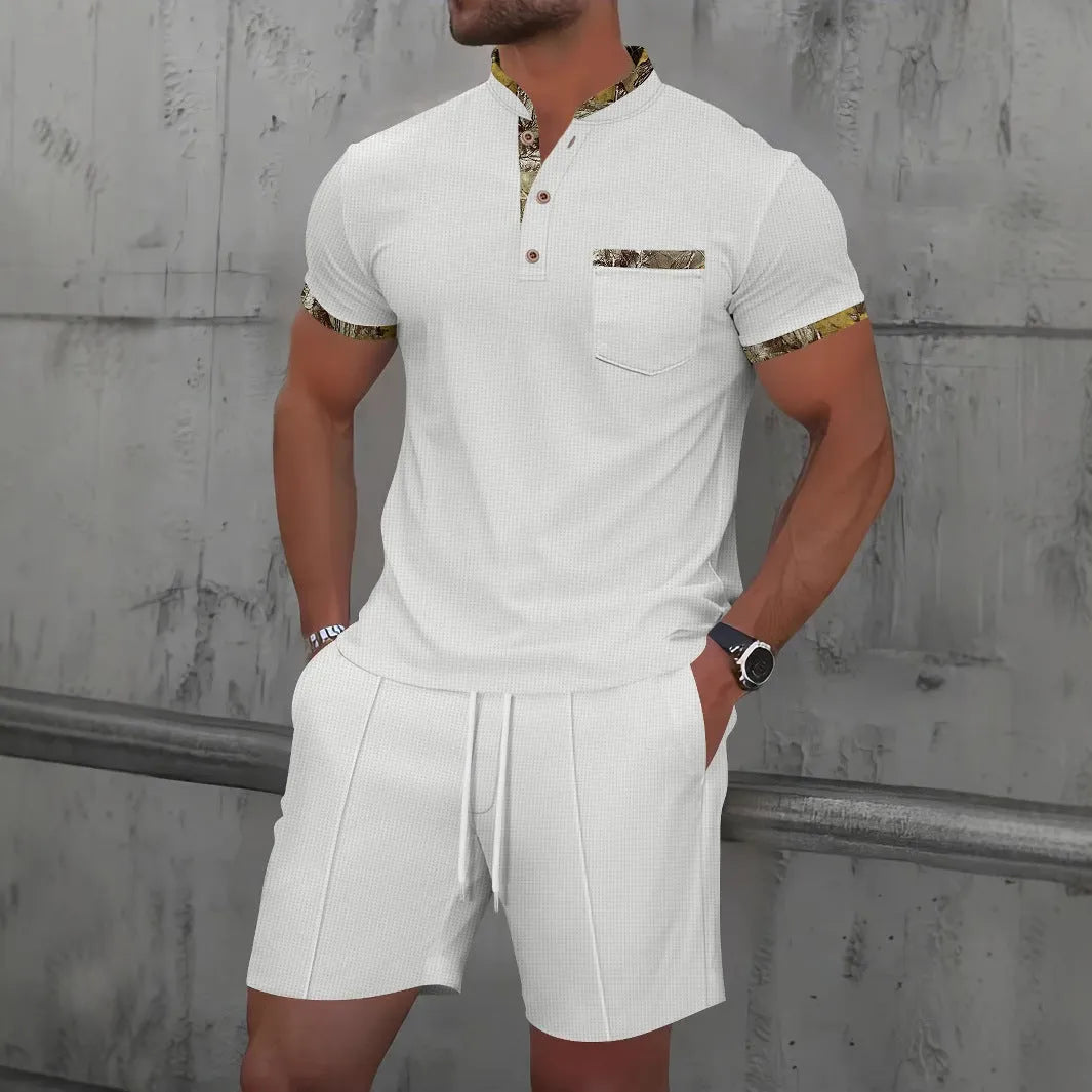 Men's grey zip-front polo short sleeve top and matching shorts, a cotton blend summer suit set.