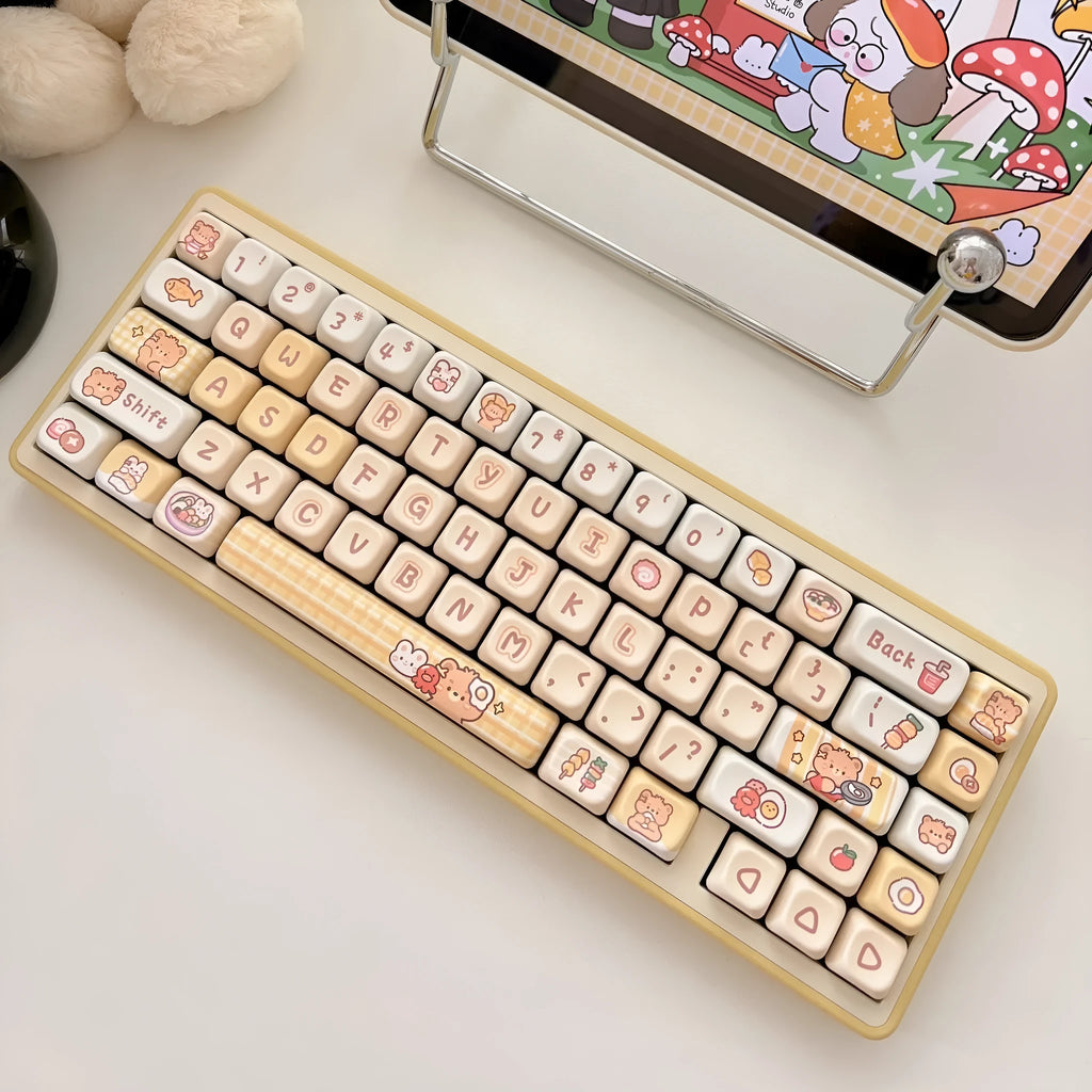 Rabbit Bear Restaurant themed PBT keycap set in EOA profile, 140 pieces with colourful sublimated artwork.