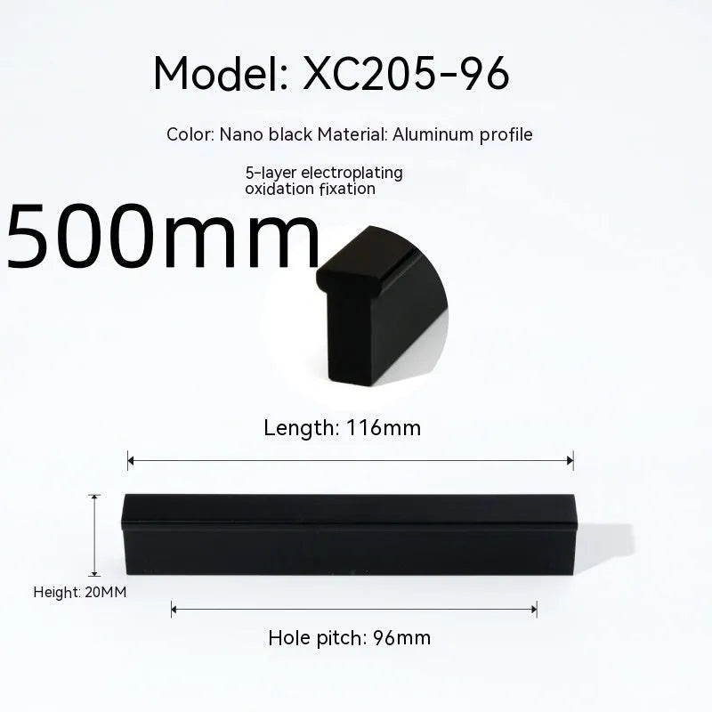 Aluminium alloy one-word cabinet door handle in nano black anodic oxidation finish with visible screw holes