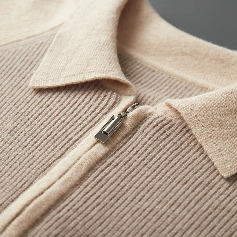 Men's wool half zipper contrast color lapel sweater in wheat camel colored slim fit winter pullover