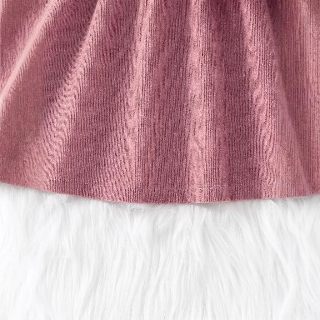 Long sleeve slim fit shy fox cartoon dress in pink and white corduroy for girls