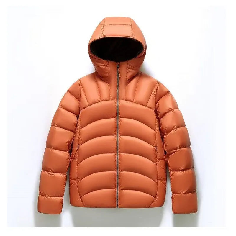 Unisex hooded down jacket in solid colour with ribbed cuffs and hood, front view