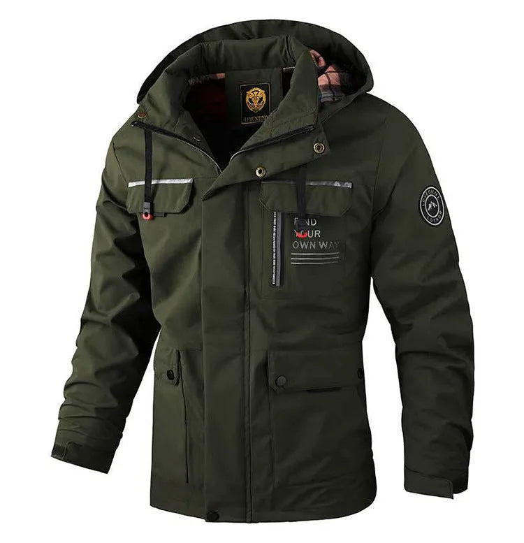 Men's casual hooded windproof parka in Army Green with fur collar, British style, multiple pockets