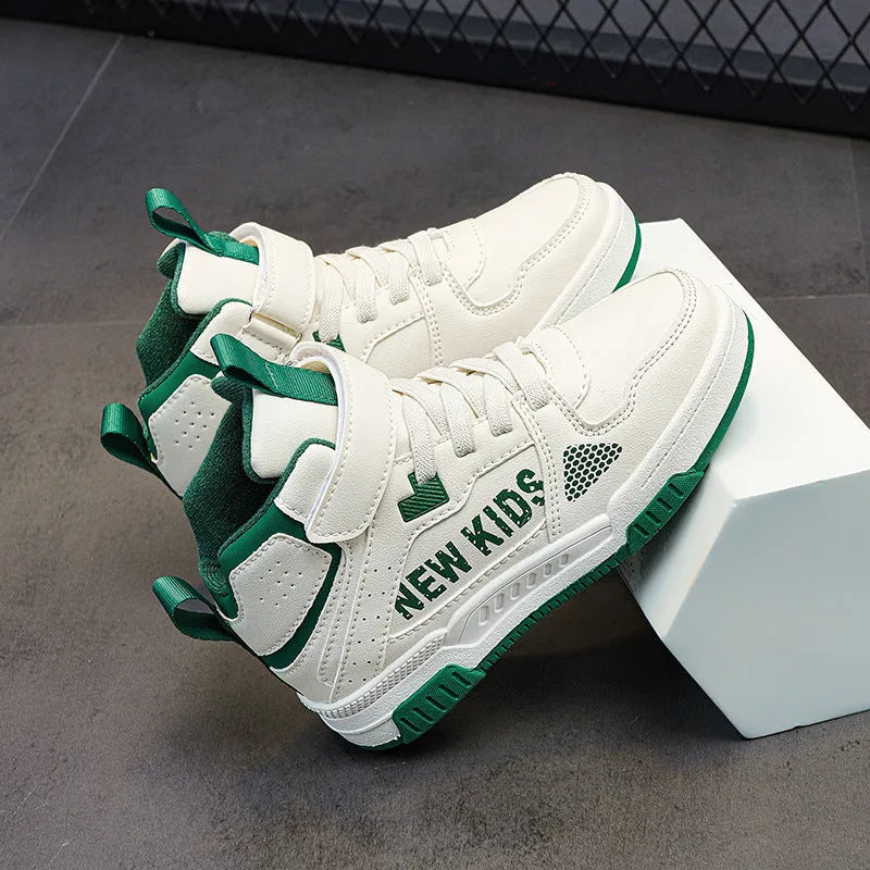Children's street sneaker with buckle closure in beige green, showing PU upper and rubber sole.