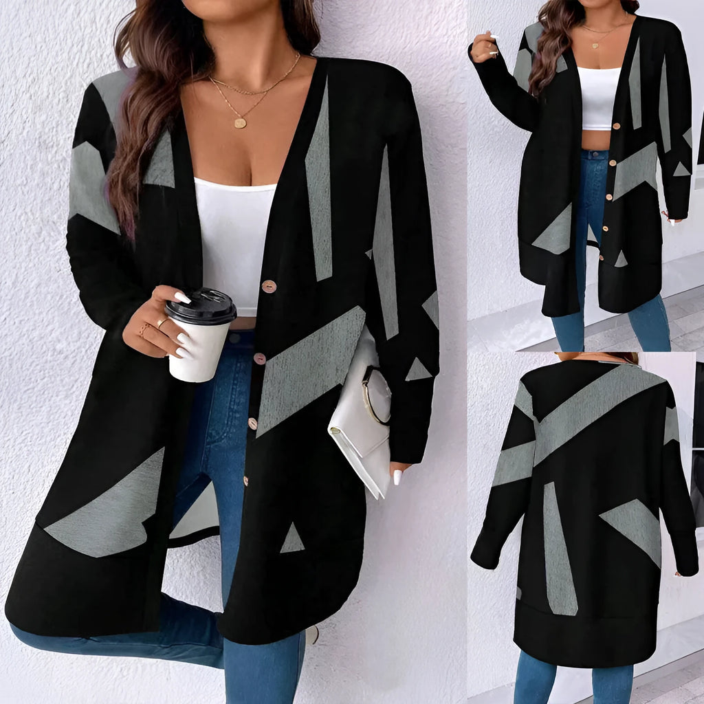 Black plus size cardigan coat with button stitching printing design on polyester fabric