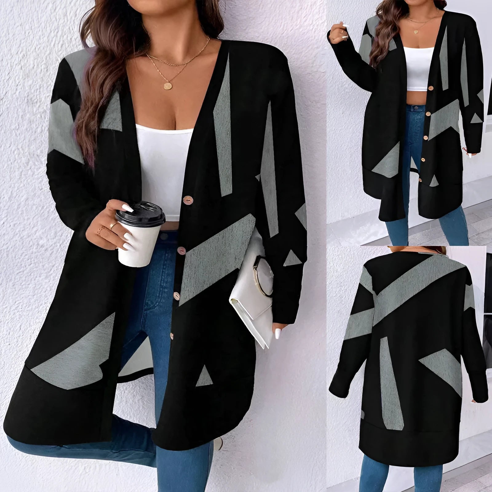 Black plus size cardigan coat with button stitching printing design on polyester fabric