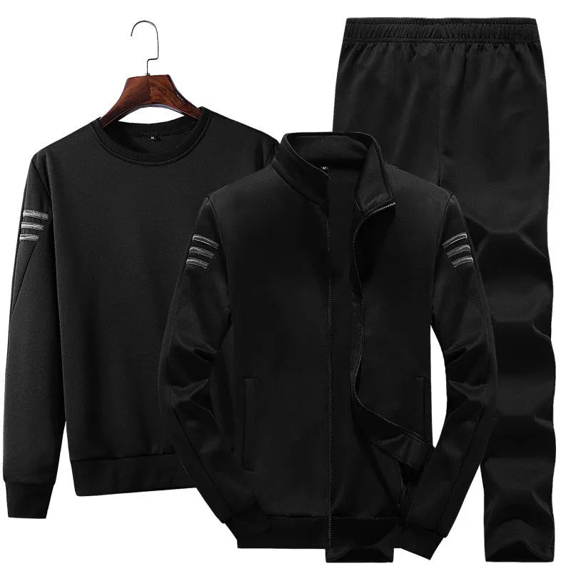 Men's three-piece leisure sports suit in gray, black, and dark blue polyester with top, jacket, and trousers, sizes M to XXXXL