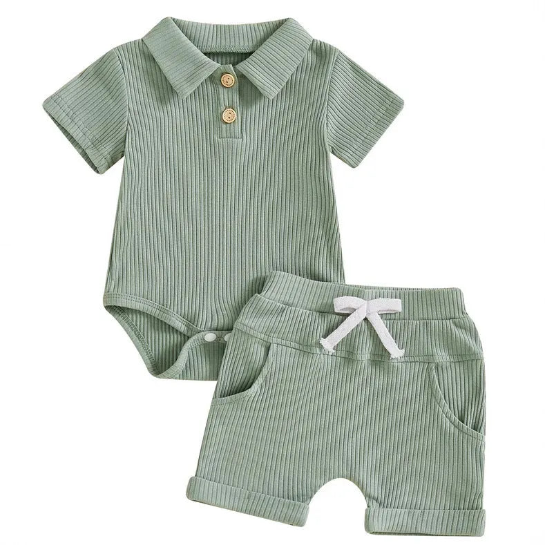 Boys' short sleeved Kazakhstan two-piece polyester suit with letter pattern in army green and navy blue
