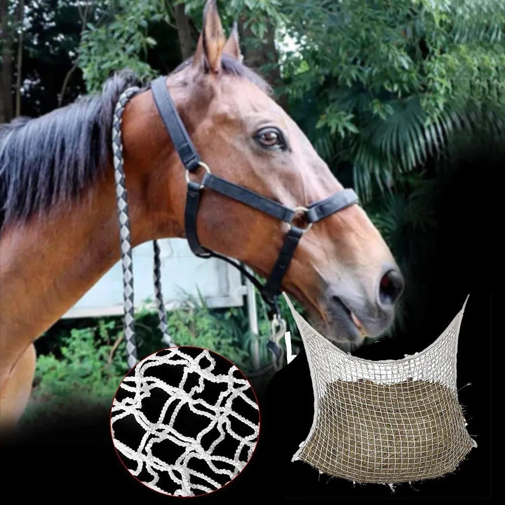 Woven polyethylene rope hanging feeding bag for livestock in a grid design.