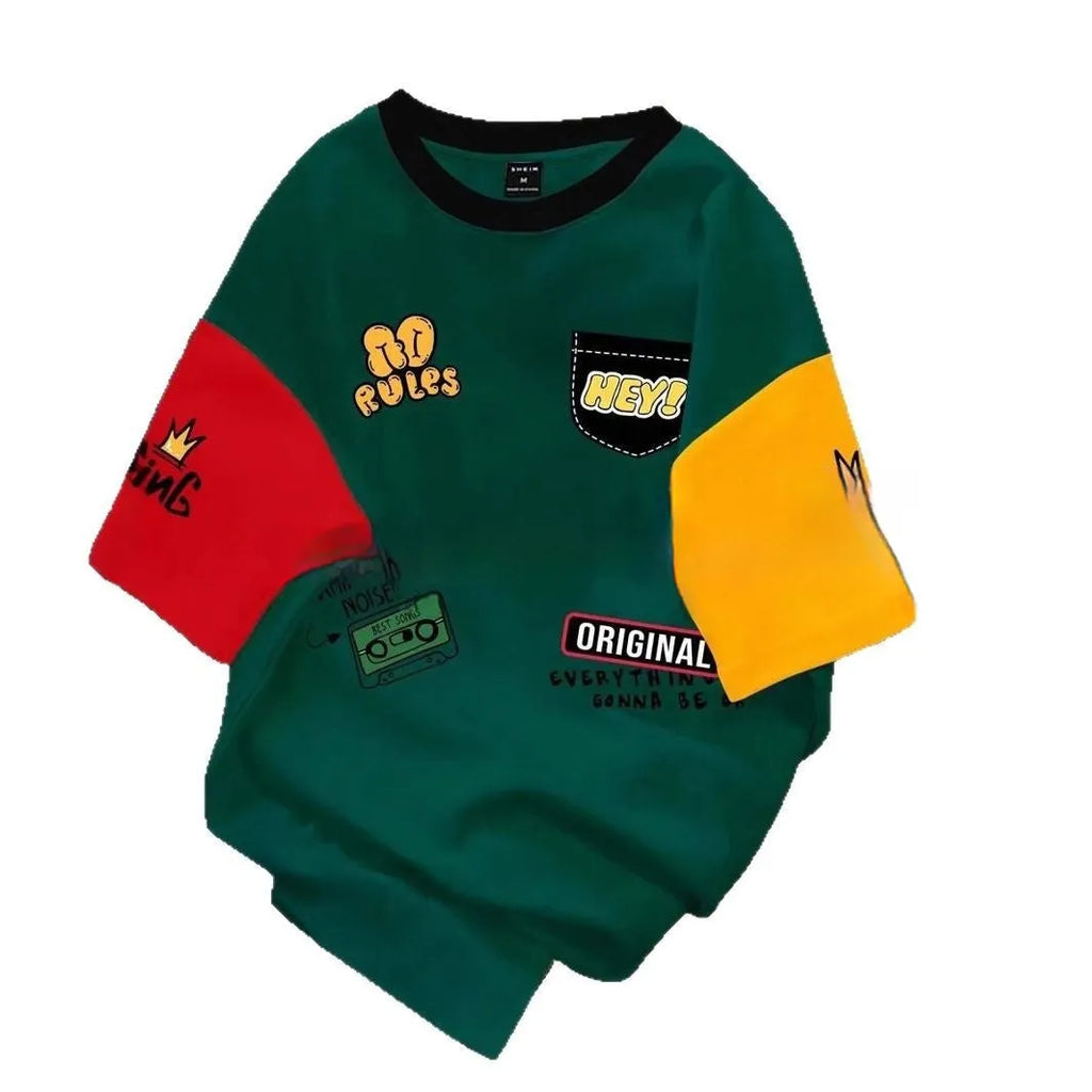 Men's loose fit casual T-shirt with a bold digital print letters pattern in colour block design.
