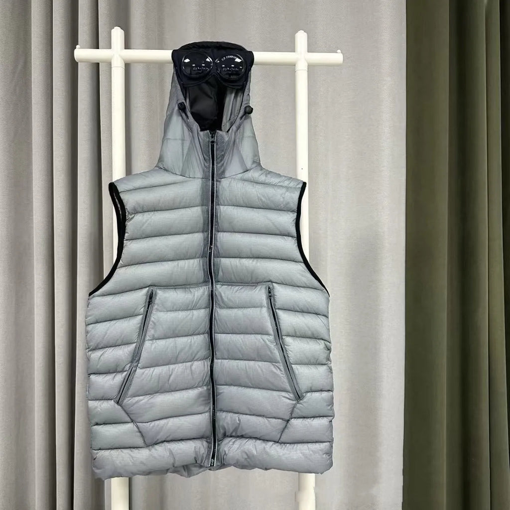 Men's loose hooded cotton vest jacket in black, side view, showing hood and zip closure