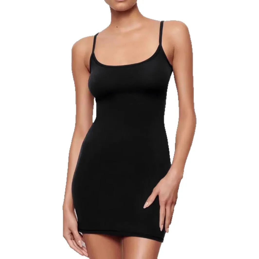 Black sleeveless sling sheath dress with skinny fit and mid-waist