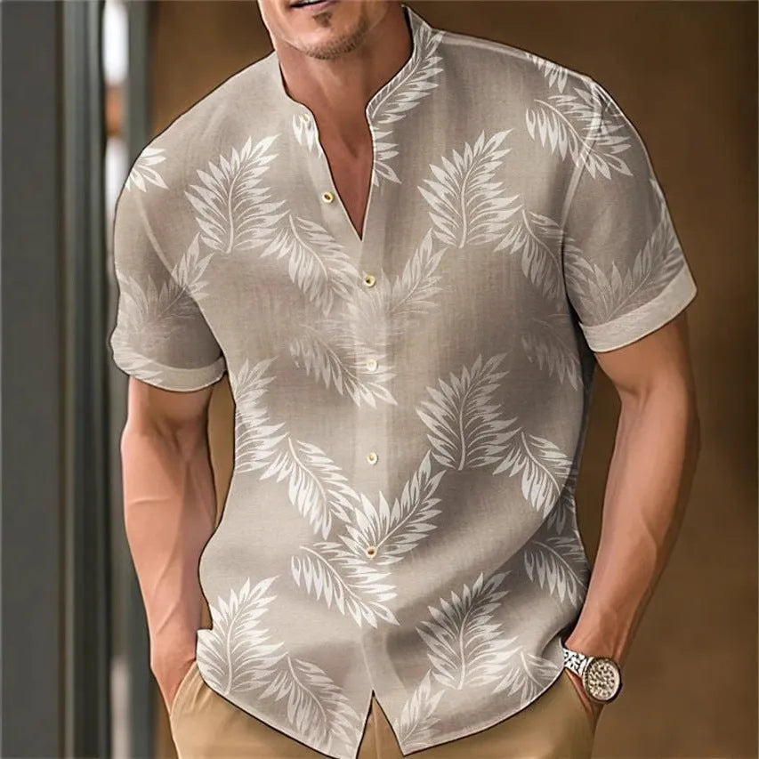 Men's printed casual short sleeve shirt on a hanger, showing one of eight available colour options.