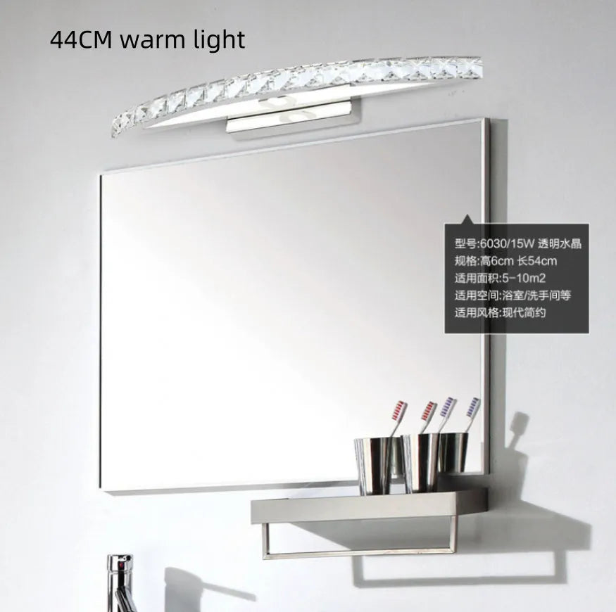 LED bathroom wall lamp with crystal mirror headlight, stainless steel hardware, available in 44cm 54cm or 70cm arc length
