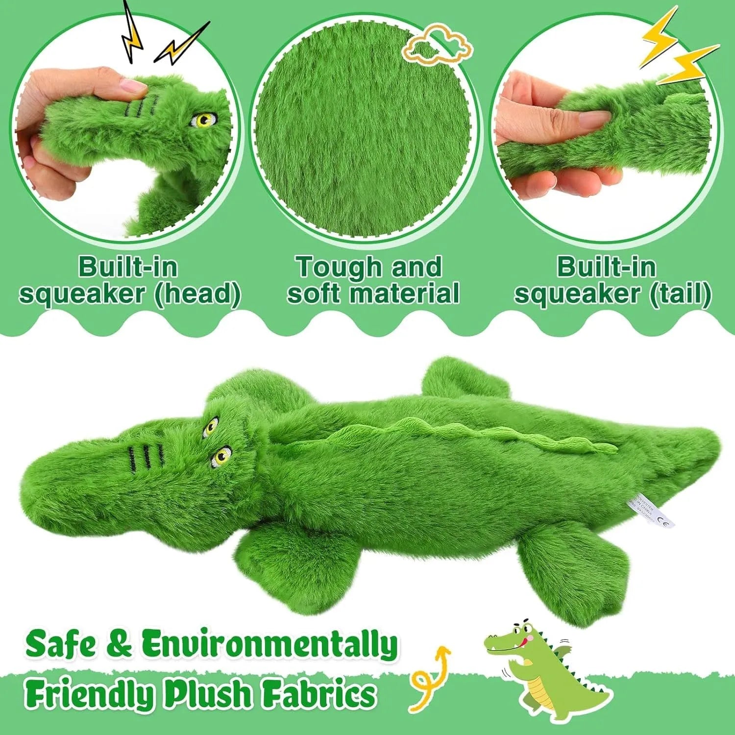 Green crocodile plush dog toy with squeaker and crinkle paper, no stuffing, for aggressive chewers.