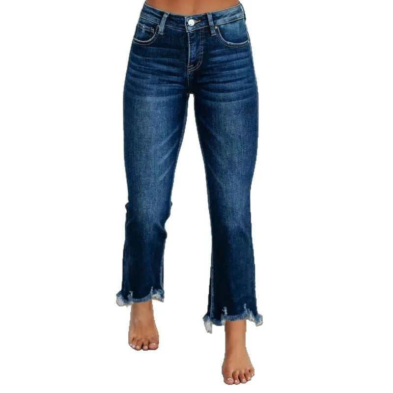 Women's solid colour denim trousers with a hand-worn finish in dark blue and light blue