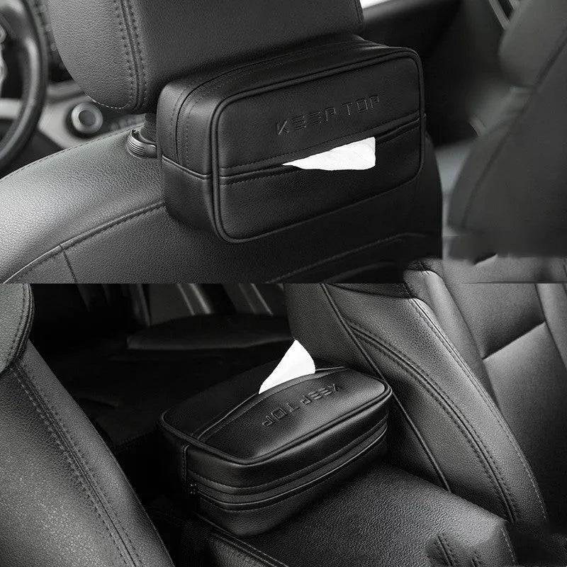 Black PU leather car hanging storage box with paper bag organiser for vehicle interior storage