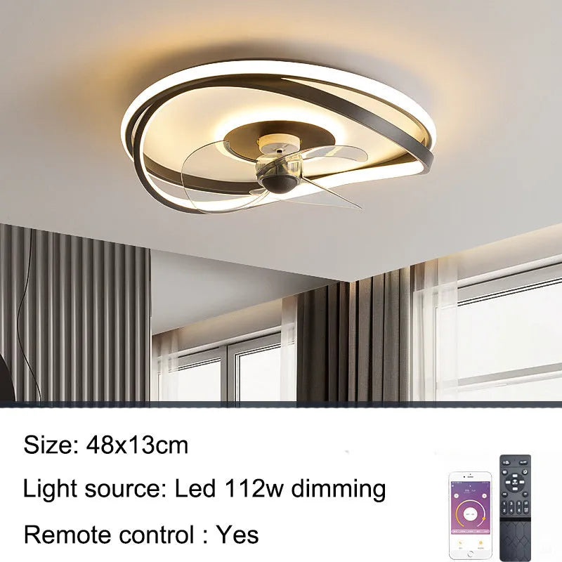 Modern black ceiling fan lamp with light, shown in annular, round, and square style options.