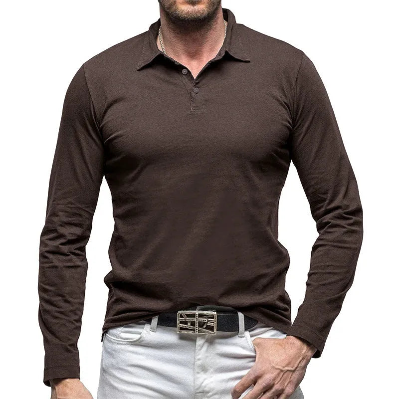 Men's dark grey polo collar long sleeve cotton T-shirt in American retro style laid flat