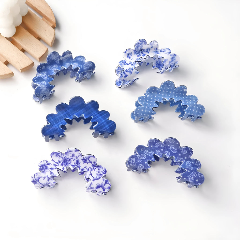 PVC hair clip barrettes for women back head asymmetric natural style blue series multicolour patterns