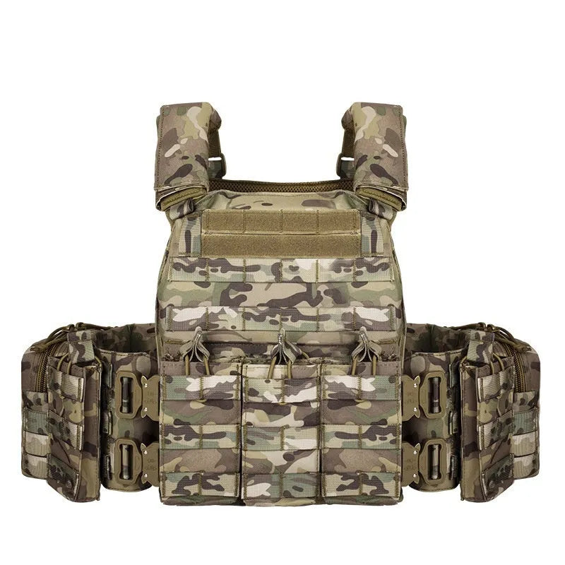 Polyester camouflage tactical vest in army green, black, green CP, or jungle camouflage patterns for outdoor training