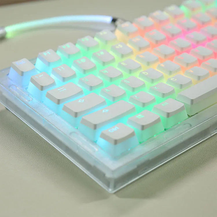 Double Skin Milk Pudding closed PBT transparent keycaps in pink and white for mechanical keyboard with RGB backlight visible