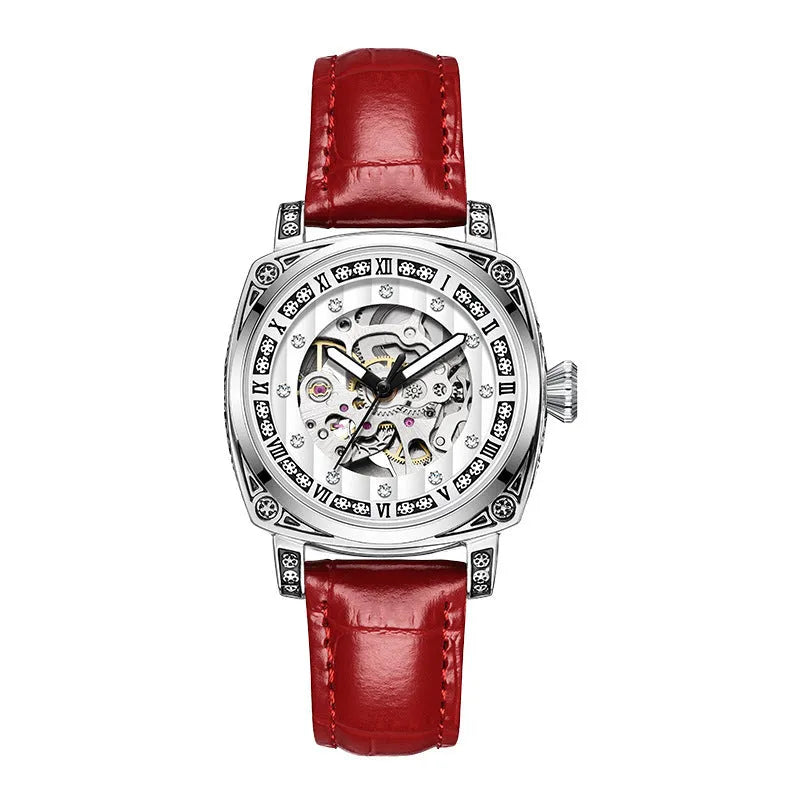 Mechanical watch with luminous hands and leather strap in multiple colour options