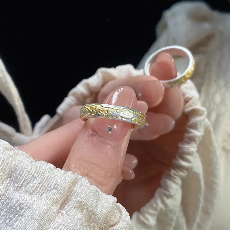 White copper open mouth ring with Xiangyun pattern and electroplated silver gold finish