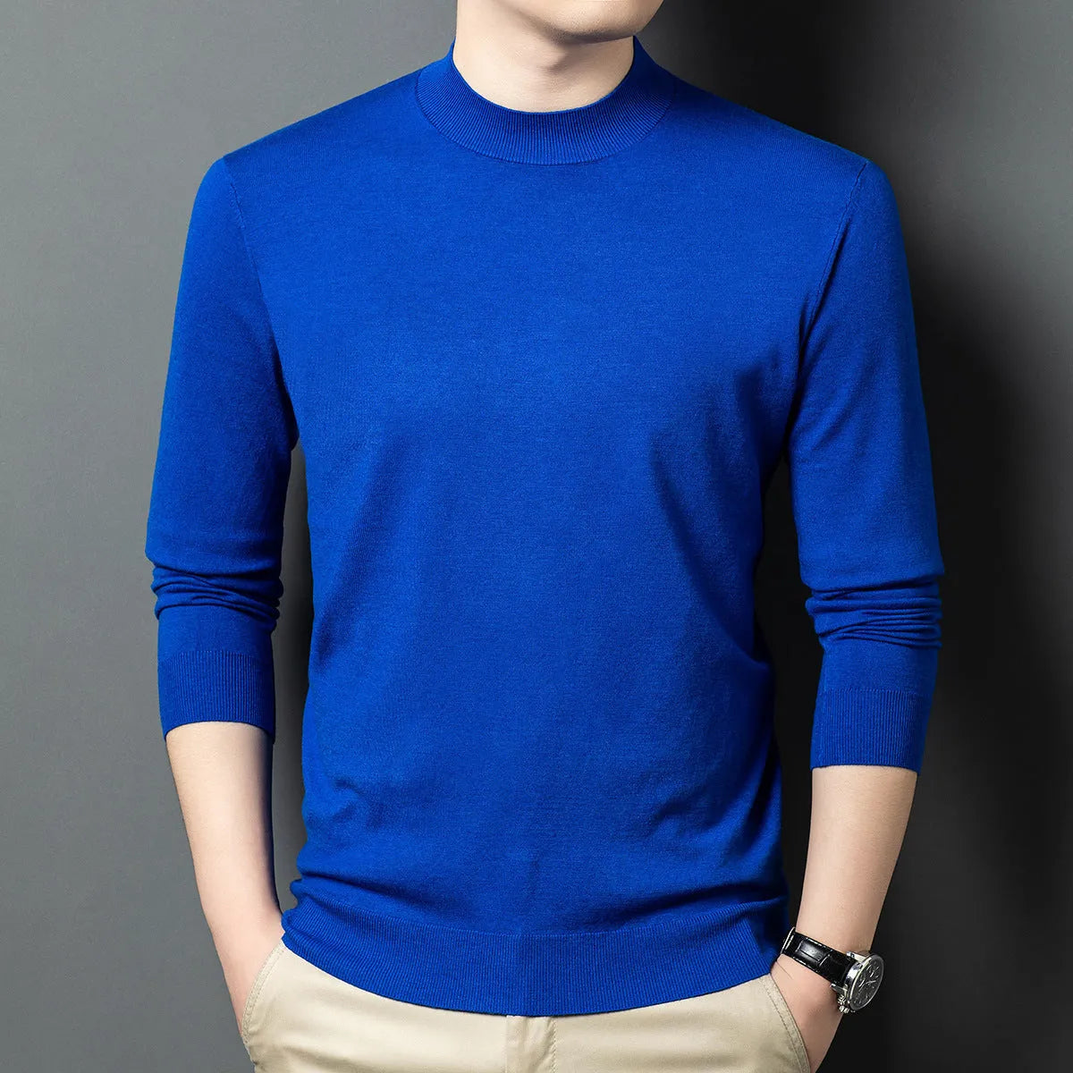 Men's round neck long sleeve sweater in wool and mulberry silk, shown in a choice of colours for winter.