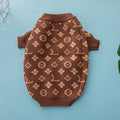 A dog wearing a thick wool knit sweater in a European style, available in sizes from XS to XXL.