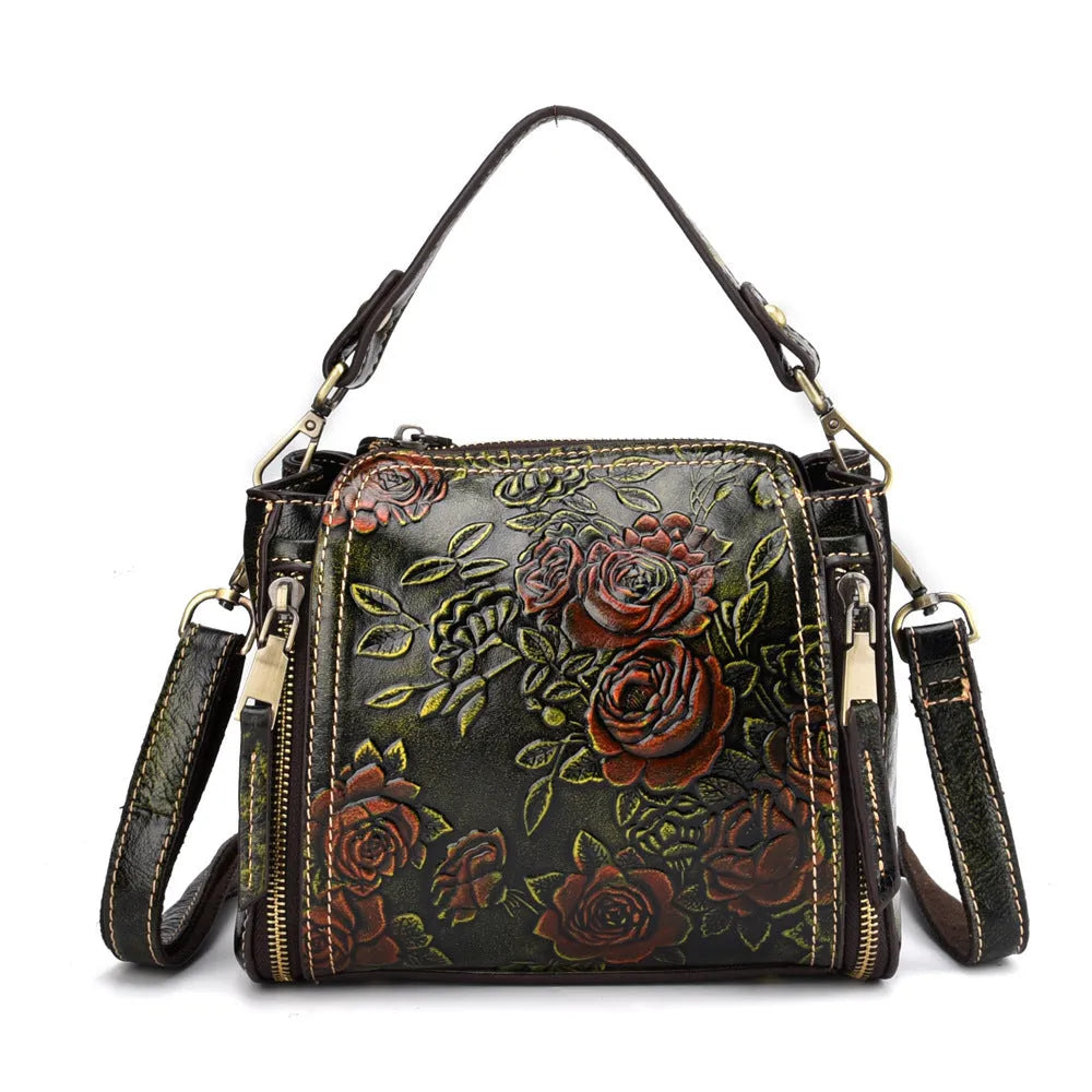 Brown genuine leather women's shoulder bag with square vertical shape and multiple internal compartments