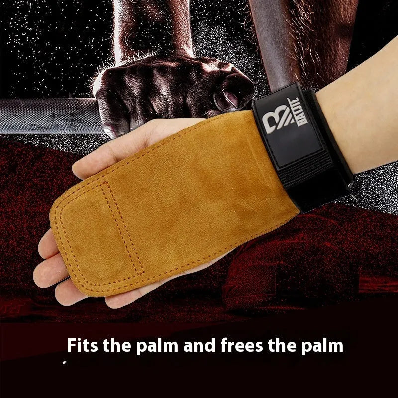 A pair of brown fitness wrist protector bands for pull-up and horizontal bar training.